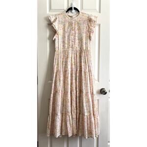 KARLIE Delicate Floral 100% Cotton Ruffle Sleeve Tiered Midi Dress Sz M